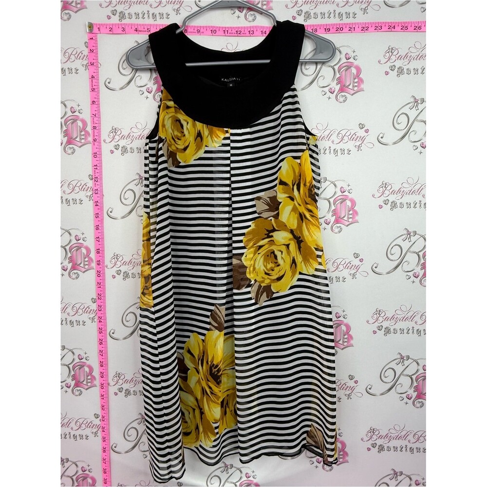 KALIJATI dress Black & White Striped Midi Dress with Yellow Floral Print